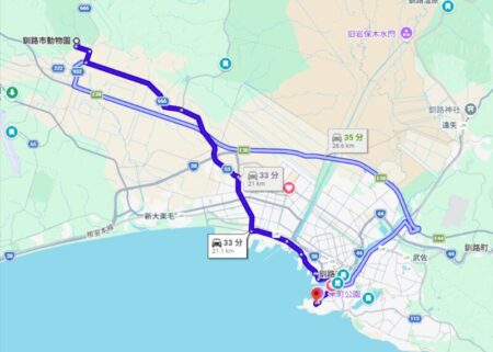 釧路厳島神社へは30分くらい
